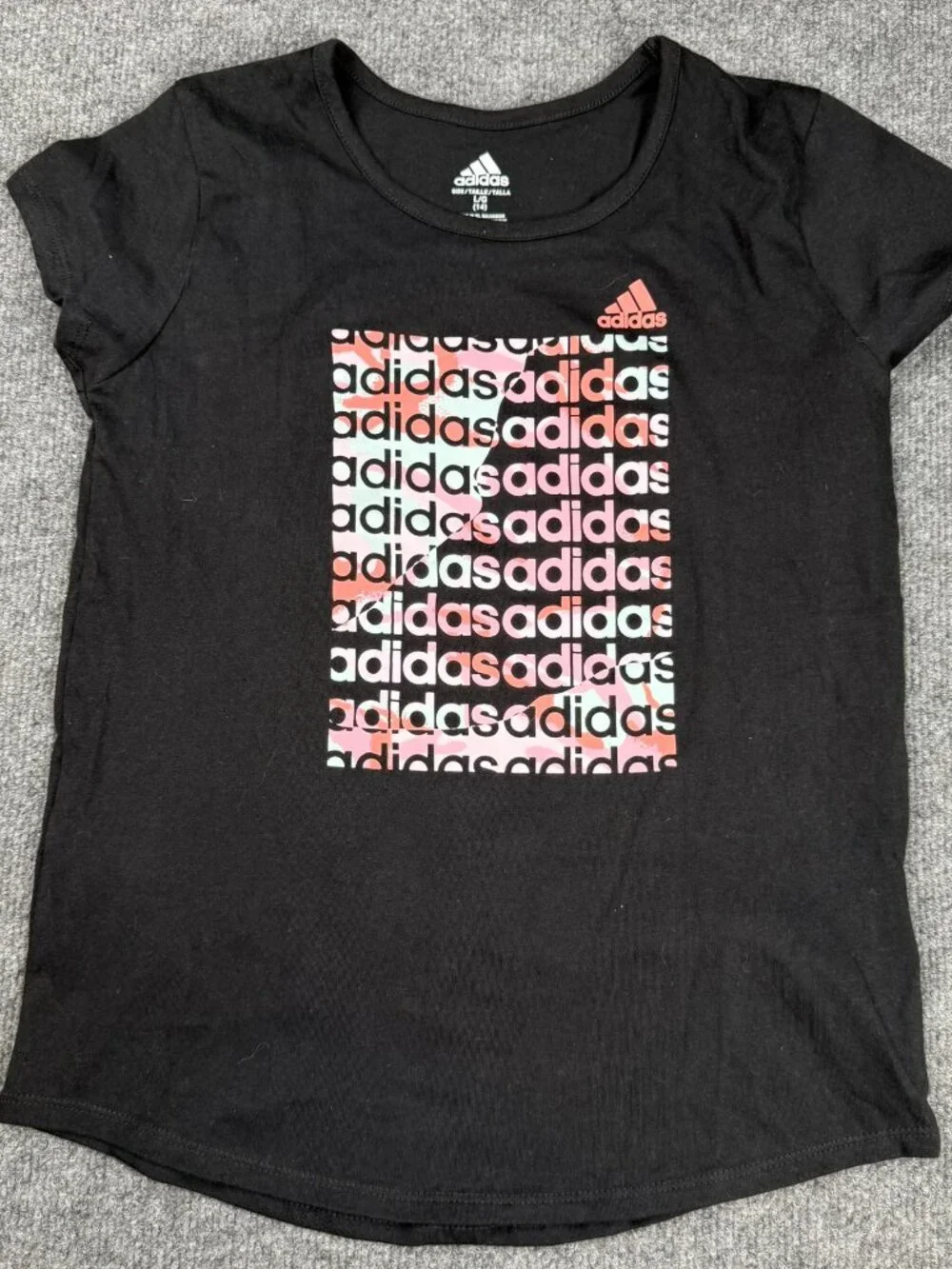 Adidas Girls Youth Large 14 Graphic T-Shirt Black Short Sleeve Cotton Top